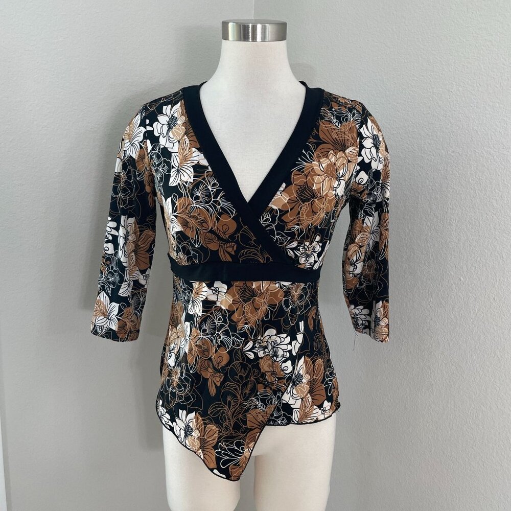 Vintage Y2K AGB Womens Small Floral Babydoll‎ Top 3/4 Sleeve USA Shirt V Neck